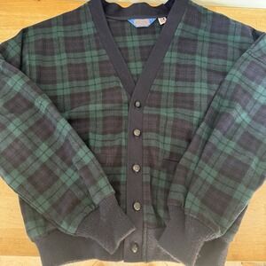 Pendleton Virgin Wool Cardigan Sweater Mens L Plaid Button Up USA Made Green Blu
